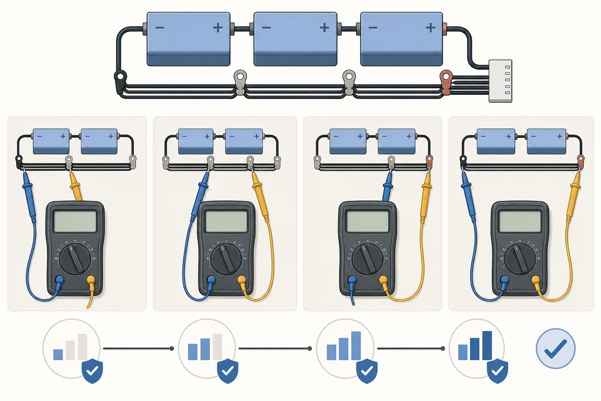 Editorial sequence showing a meter checking adjacent and cumulative voltage steps on a 3S balance harness
