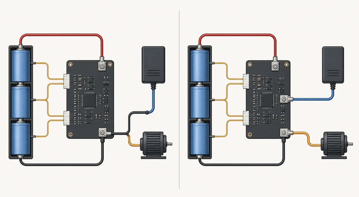 Editorial comparison of common-port and separate-port negative paths on a generic 3S BMS