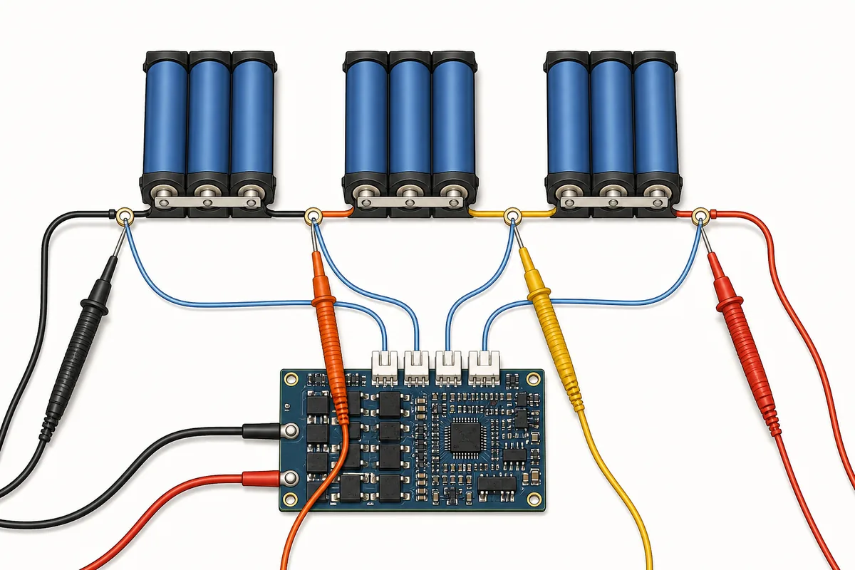 Editorial illustration of three series battery groups, a generic BMS board and a meter checking four sensing nodes