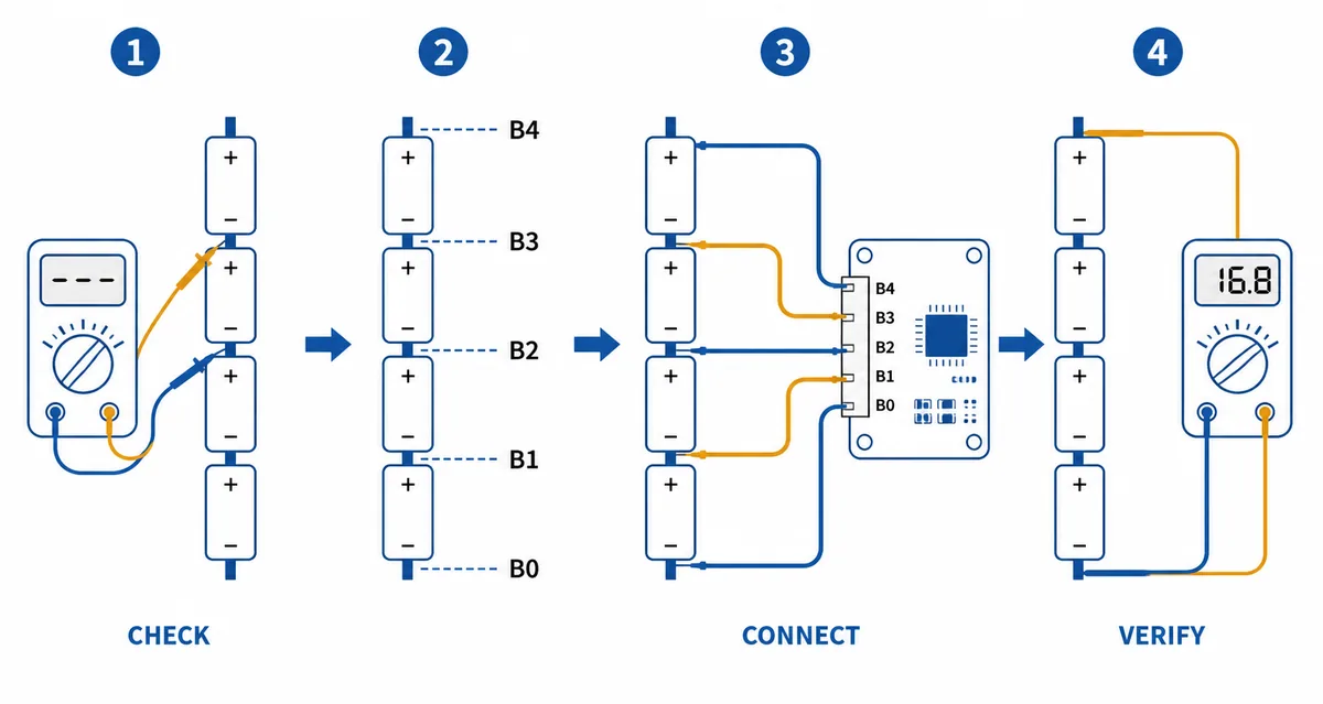 Editorial four-step illustration for checking B0 to B4 balance leads on a 4S battery