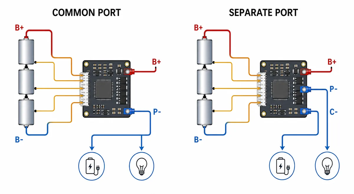 Editorial comparison of common-port and separate-port 4S BMS negative paths