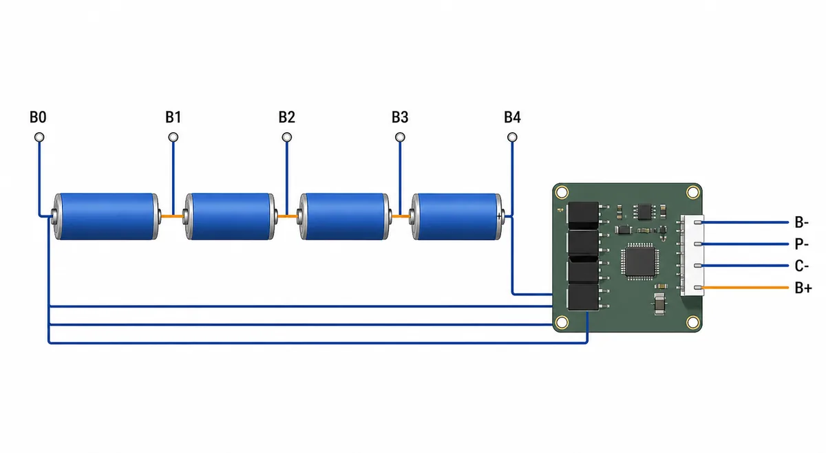 Editorial 4S battery BMS diagram showing four series cell groups and B0 to B4 measurement nodes