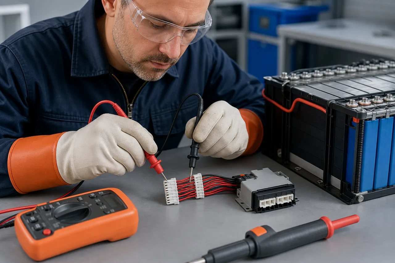 Illustration of checking a detached BMS balance harness with a multimeter