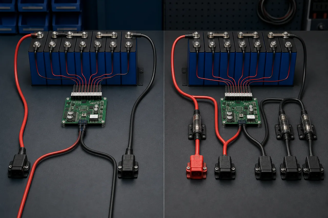 Conceptual illustration comparing shared and separate BMS current paths