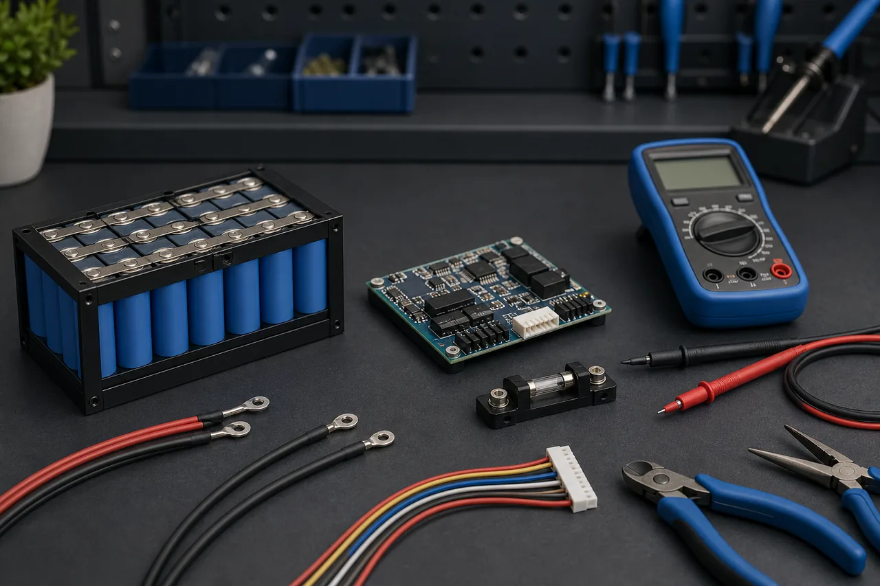 Editorial illustration of a disconnected battery pack, BMS board, balance harness and multimeter on a workbench