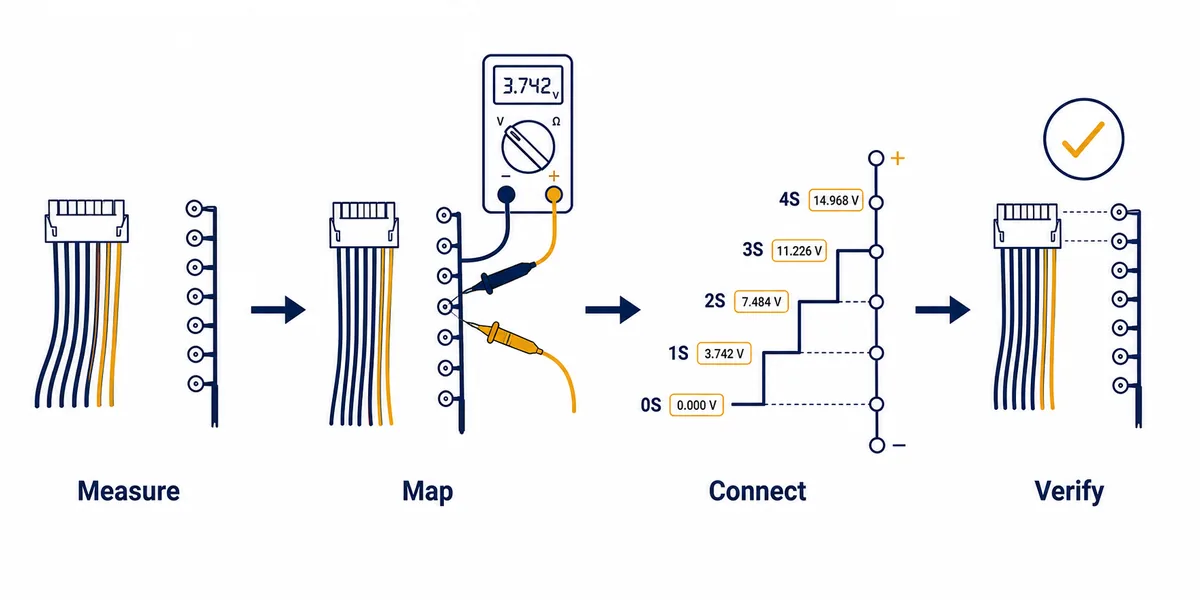 Editorial four-stage diagram showing how to measure, map, connect and verify a Daly BMS balance harness