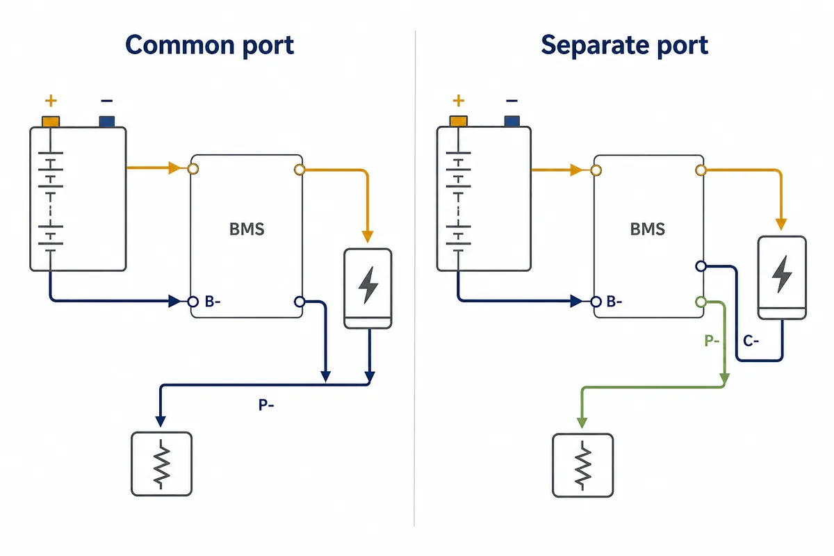 Editorial comparison of common-port and separate-port BMS negative paths using B-, P- and C- labels