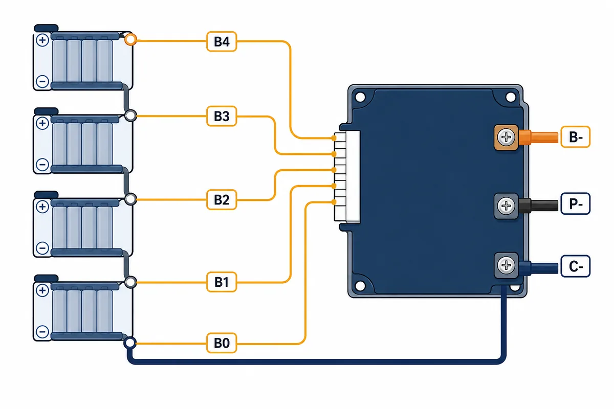 Conceptual Daly BMS wiring diagram showing four series cell groups, B0 to B4 balance nodes and B-, P-, C- terminals