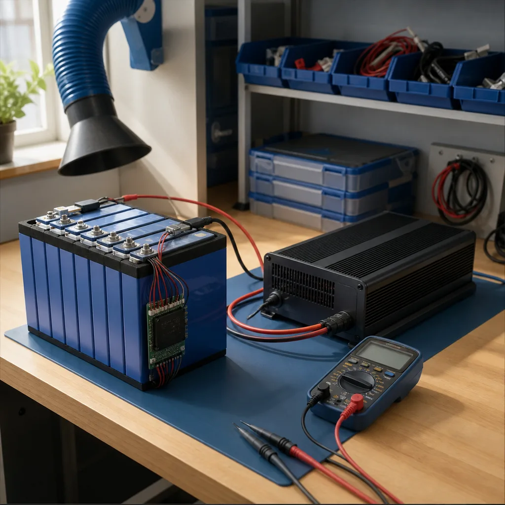 Editorial illustration of a LiFePO4 battery connected to a charger and multimeter