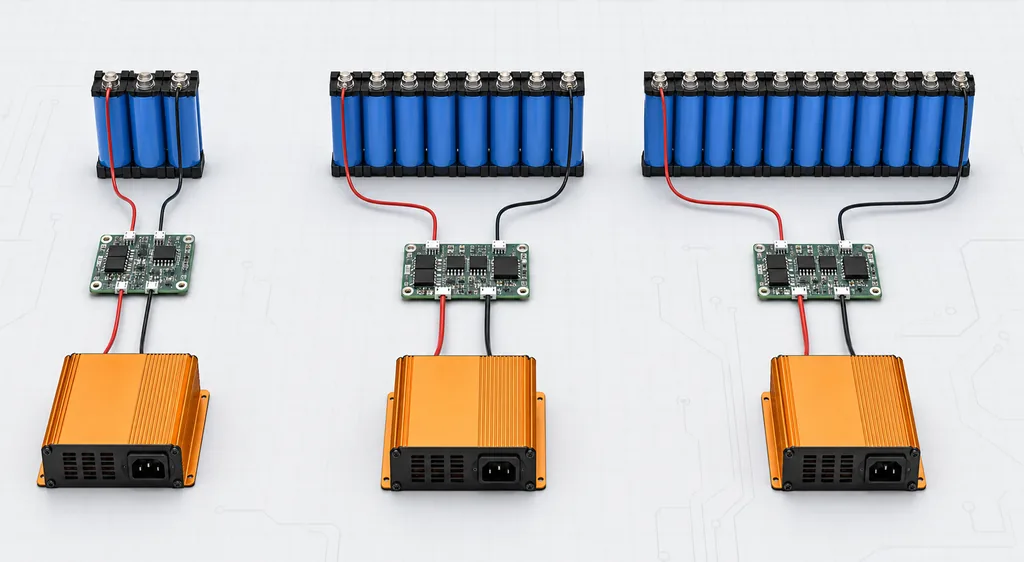 Conceptual illustration of different LiFePO4 series packs paired with matching chargers