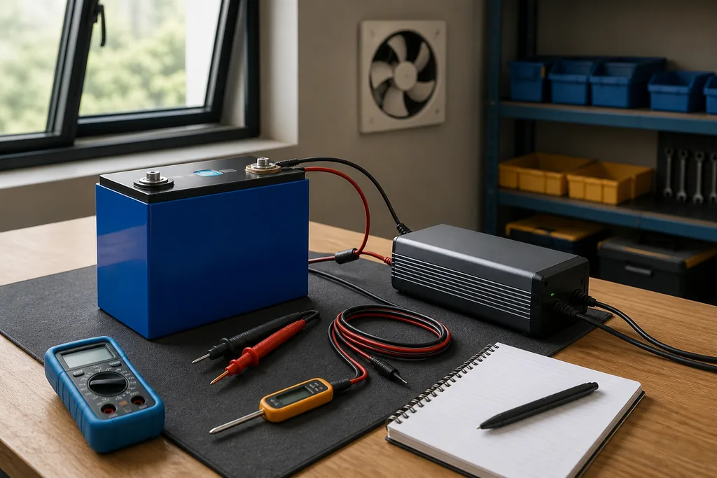 Supervised LiFePO4 first-charge setup with charger, multimeter, thermometer and notebook