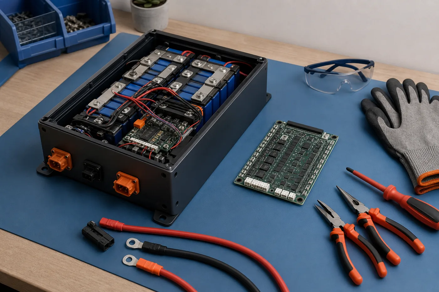 Editorial illustration of an opened LiFePO4 battery pack beside a replacement BMS and insulated tools