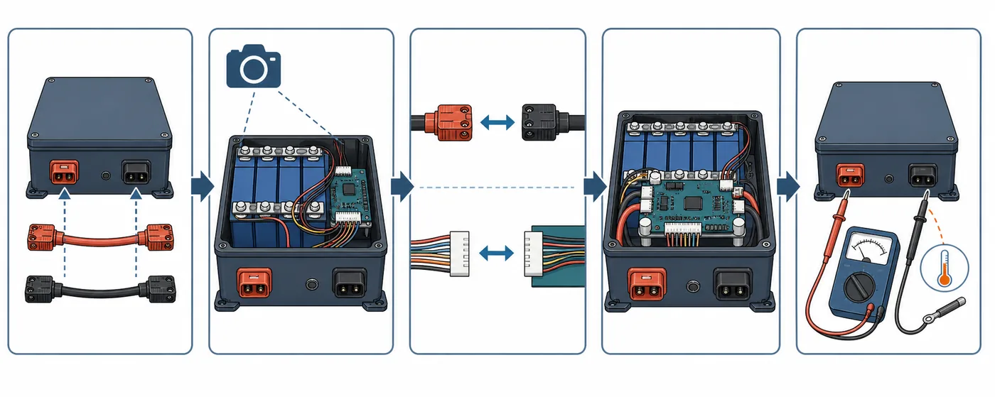 Five-panel illustration of isolating, documenting, disconnecting, installing and testing a LiFePO4 BMS
