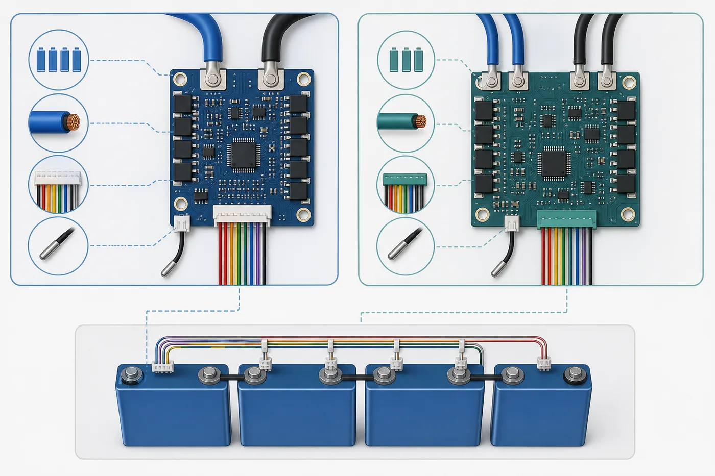 Editorial comparison of two generic BMS boards, balance connectors, temperature probes and cell counts