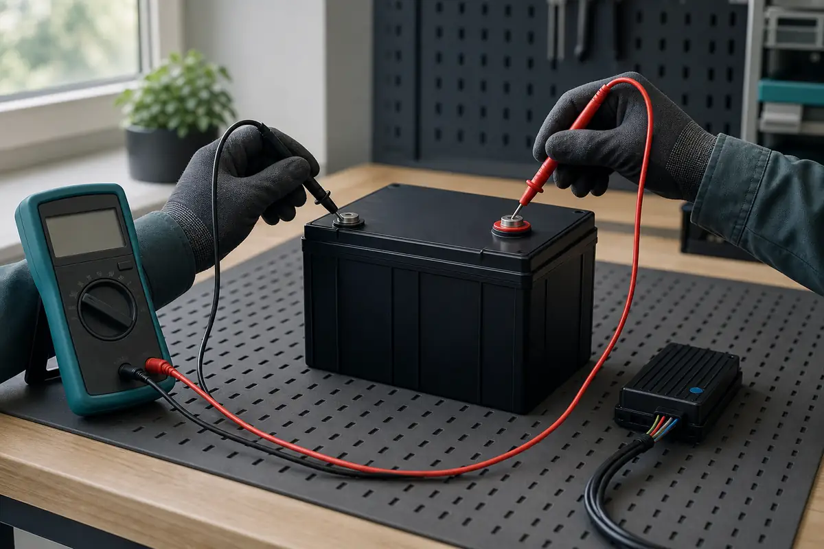 Editorial illustration of an insulated multimeter measuring an intact battery pack