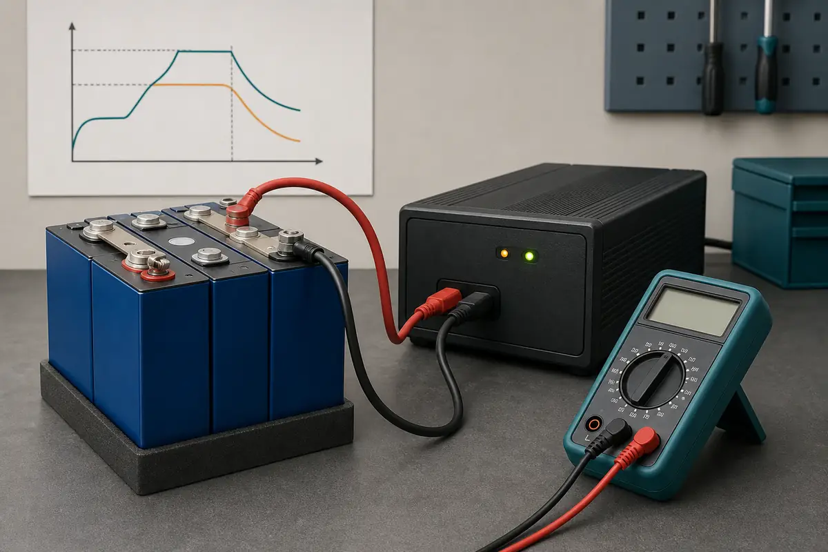 Editorial illustration of a LiFePO4 battery pack, charger and voltmeter