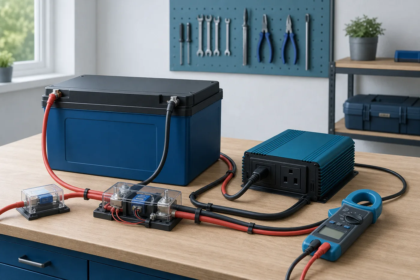 LiFePO4 battery, fuse, inverter and current meter illustration (en)